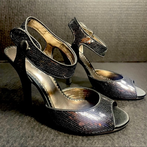 BNWT Premium Bp Black satin & sequins open toe strappy heeled sandals 5.5M TTS - Picture 2 of 13